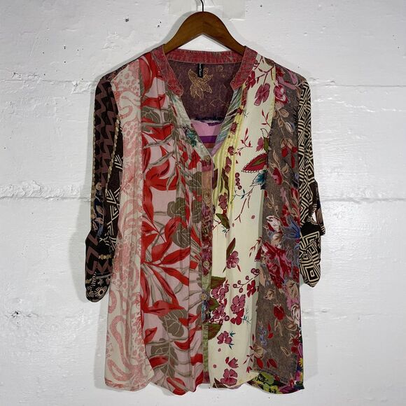 Sacred Threads Patchwork Boho Floral Tunic Top Multicolor Hippie Colorful Size M - Picture 2 of 8